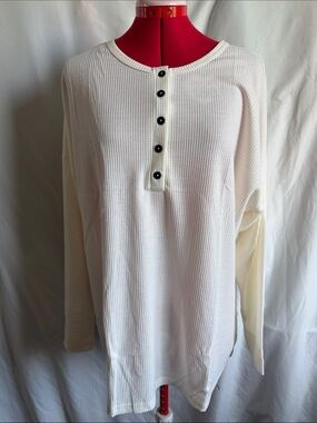 Ivory Waffle Henley Long Sleeve Top